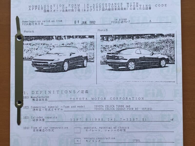 Homologationsblätter Toyota Celica Turbo 4WD, Gr. A und N