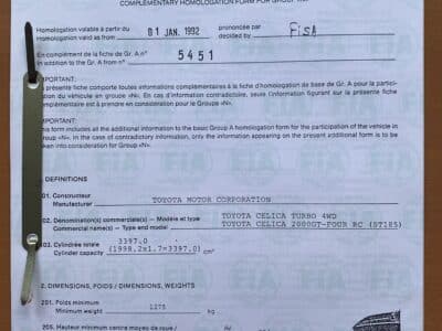 Homologationsblätter Toyota Celica Turbo 4WD, Gr. A und N