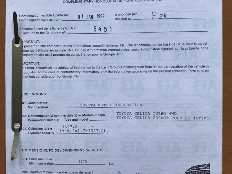 Homologationsblätter Toyota Celica Turbo 4WD, Gr. A und N